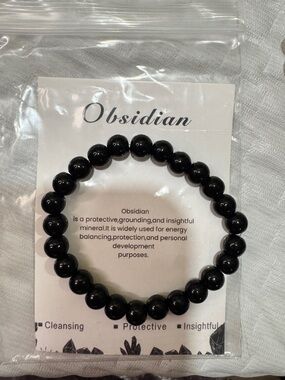 Obsidian Beaded Stretch Bracelet - Black